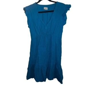 Honorine Blue Cotton Gauze Ruby Ruffle Sleeve V-Neck Tiered Mini Dress Small